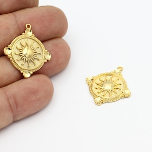24k Gold Plated Sun Pendant, Sun Charms, Sunburst Medallion, Celestial Jewelry, Sunburst Earrings, Gold Findings, 24x27mm, ALT-1357