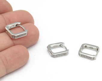 14mm Rhodium Plated Square Earrings, CZ Micro Pave Square Earrings, Micro Pave Squre Hoop Earrings, Zirconia Earrings, 1Pair, KP-407