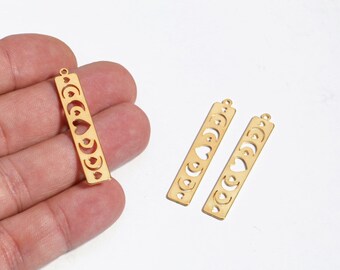 24k Gold Plated Moon Phase Charm, Heart Bar Charm, Rectangle Moon Cycle Pendant, Moon Phases and Heart Jewelry, DIY Jewelry Making, LZ-885-1