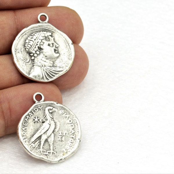 Antique Silver Greek Coins , Antique Greek Coins , Medallion ,Antique Plated Charms ,Necklace Findings, 1 pcs,(25x28mm) ESK-44