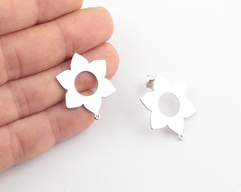 Rhodium Plated Flower Earring, Daisy Stud Earrings, Flower Earring Connector, Jewelry Supplier, DIY Jewelry, 1 Pair, 25x30mm, KP-449