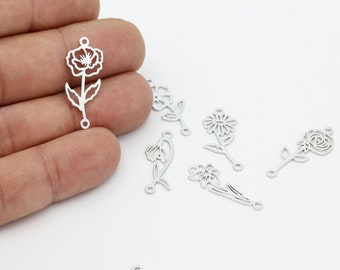 Colgante de flor del mes de nacimiento chapado en rodio, conector de flor de nacimiento, pendiente de flor del mes de nacimiento, encanto de flor de nacimiento personalizado, SLV-636