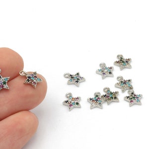 Rhodium Plated Star Charms, Star Pave Charms, Micro Pave Star Jewelry, Tiny Star Jewelry, Cubic Zirconia Star Pendant, 1pcs, 9x10mm, ZRC-546