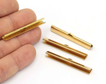Raw Brass Ribbon Clasp, Brass Ribbon Crimp Ends With Loop, Tassel Crasp, Fastaners Clasp, Jewelry Supplies, 6Pcs, (45mm), CPS-34