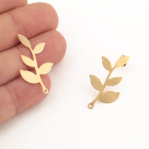 24k Gold Plated Leaf Earring, Leaf Stud Earrings, Herb Earring Connector, Jewelry Supplier, DIY Jewelry, 1 Pair, 19x35mm, KP-424