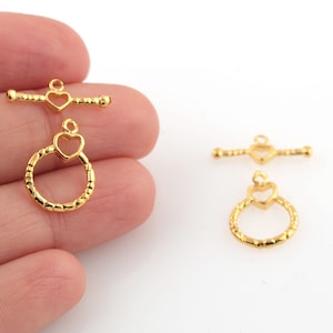 24k Shiny Gold Plated Heart Toggle Clasp, T Bar Lock, Bracelet Closures, Gold Plated Heart Toggle Clasp, 1pcs, 12x17mm, ALT-1157