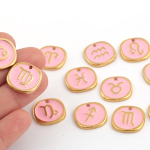 24k Gold Plated Zodiac Pendant, Enamel Zodiac Charms, Astrology Charms, Horoscope Jewelry, Zodiac Sign Medallion, 17mm, 1Pcs, ALT-992