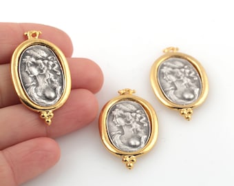 24k Gold Plated Greek Coins, Antique Greek Medallion, Two Color Pendant, Gold Plated Old Historical Jewelry, 1Pcs, 21x36mm, ALT-1162
