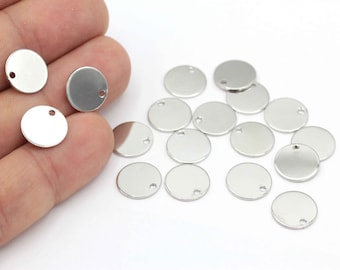 12mm Silver Plated Brass Round Disc , 1 Hole Round Disc ,Silver Brass Charms ,1 Hole Stamp,Personalized Disc,Coins , 6 pcs SLV-387