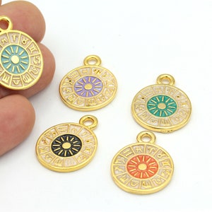 Gold Plated Sun And Zodiac Sign Medallion, Color Enamel Pendant, Zodiac Sign Charm,Enamel Sun Medallion,Sign Detailed Necklace,1Pcs, ALT-538