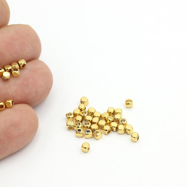 3x3mm 24k Gold Plated Mini Cube Beads, Tiny Spacer Beads, Gold Plated Spacer Beads, İndustrial Spacer, Brass Cube Beads, ALT-783