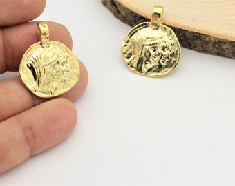 1 pcs,(26x32mm)24k Shine Gold Plated Greek Coins,Antique Greek Coins,Medallion ,Gold Plated Charms ,Charms Pendant, ALT-242