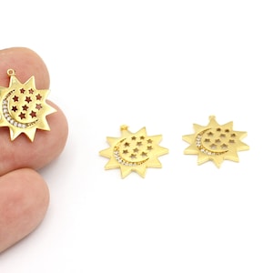 24k Shiny Gold Plated Star and Crescent Zirconia Charm, CZ Micro Pave Sun Charm, Sun And Star Necklace, 20x21mm, 1 Pcs, ZRC-485