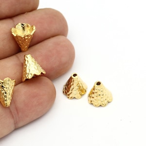 24k guldpläterade konformade pärlhattar, konformade pärlhattar, pyramidformade pärlhattar, guldpläterad pärlhatt, rustik ändhatt, smyckestillverkning, 11 mm, ALT-1331