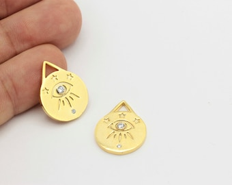 24k Shiny Gold Evil Eye Pendant, Evil Eye Necklace, Cz Charms, Evil Eye Charm, Evil Eye Medallion, Gold Plated Findings,1pcs(17x22mm)ZRC-109