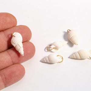 May include: A collection of small, white seashell charms with gold-coloured loops, ideal for jewellery. The charms vary in shape and size, with a natural, textured appearance. One charm is held in a hand, the others are on a white surface.