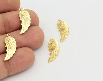 1 st, (9 x 24 mm) 24k glänsande guldpläterade vingberlocker, guldpläterade tillbehör, vinghänge, guldpläterade berlocker, vingapparat ALT-267