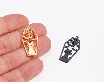 Colgante de gato con forma de ataúd, dije gótico de gato y murciélago, accesorio para hacer joyas de Halloween, colgante de inspiración gótica para hacer tú mismo, LZ-1269-7