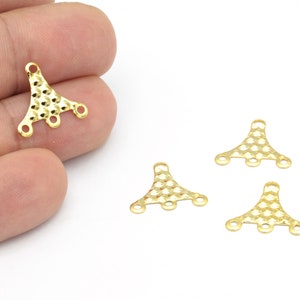 24k Gold Plated Triangle Connector, 4 Holes Patterned Triangle Earrings, Gold Plated Triangle Necklace Connector 16x18mm, 6Pcs, ALT-1285