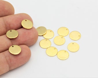 11mm  24k Gold Plated Brass Round Disc , 1 Hole Round Disc ,Gold Brass Charms ,1 Hole Stamp,Personalized Disc,Coins, 12 pcs,ALT-247