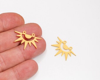 Gold Plated Sun Connector, Geometric Sun Charm, Celestial Connector for Earrings & Necklaces, Two Hole Jewelry Making Component, LZ-805-6