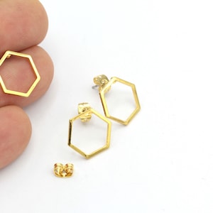 Hexagon Earrings, 24k Gold Plated Hexagon Earrings, Hollow Hexagon Earrings, Geometric Earrings, Stud Earrings, 2Pcs, KP-180