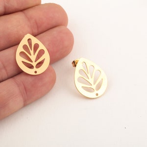 24k Gold Plated Big Leaf Earring, Leaf Stud Earrings, Leaf Earring Connector, Jewelry Supplier, DIY Jewelry, 1 Pair, 19x24mm, KP-429