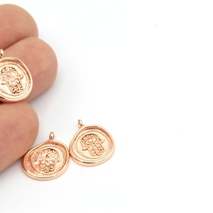 Rose Gold Plated Fatima Charms, Hamsa Medallion, Fatima Jewelry, Fatima Hand Charms, Medallion Necklace, 1Pcs, (15x18mm) ROS-169