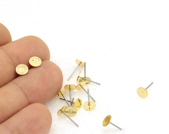 10 pcs(6mm)24k Gold plated Earring Stud, Flat Stud, Flat Pad Earring Posts, Stud Blanks, Stud Finding  KP-60