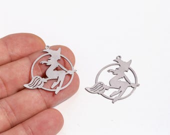 Stainless Steel Flying Witch Charm, Witch on Broom Pendant, Halloween Witch Charm, Spooky Jewelry, Necklace Pendant, DIY Making, LZ-3218-7