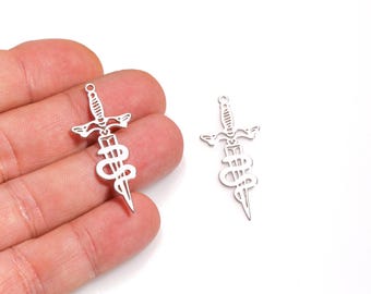 Rhodium Plated Sword and Snake Pendant, Mystic Warrior Charm, Brass Serpent Pendant for DIY Earrings, Fantasy Jewelry Collections, LZ-785-7