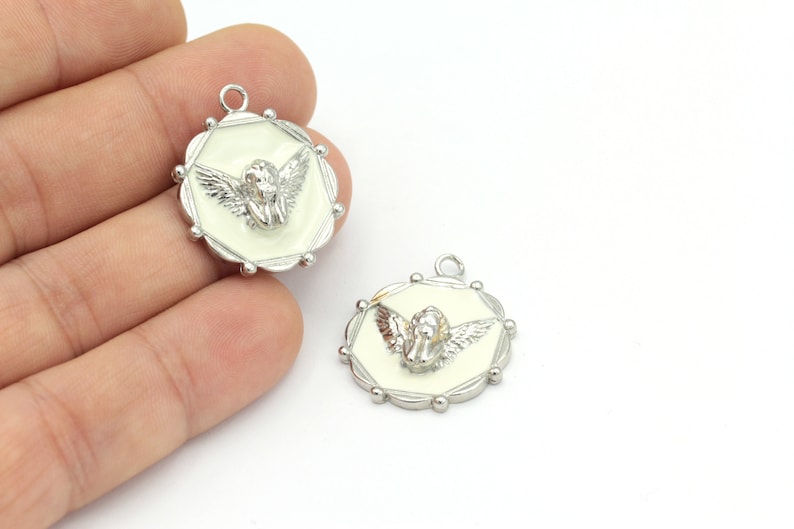 Angel Necklace ,SLV-269 White Angel Medallion Enamel Angel Necklace 1Pcs, Silver Plated Angel Medallion 24x29mm Angel Jewelry
