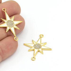 24k Shiny Gold Plated CZ Micro Pave North Star Pendant, Cubic Zirconia Enamel North Star Charms, Two Hole North Star Jewelry, 1Pcs, ZRC-342