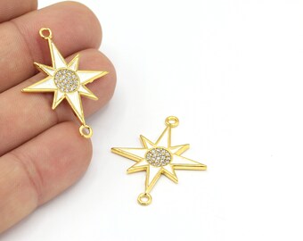 24k Shiny Gold Plated CZ Micro Pave North Star Pendant, Cubic Zirconia Enamel North Star Charms, Two Hole North Star Jewelry, 1Pcs, ZRC-342