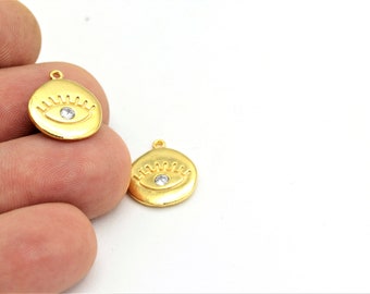 24k Shiny Gold Evil Eye Pendant, Evil Eye Necklace, Cz Charms, Evil Eye Charm, Evil Eye Medallion, Gold Plated Findings,1pcs(14x17mm) ZRC-85