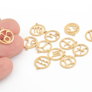 24k Gold Plated Round Zodiac Pendant, Astrology Charms, Horoscope Pendant for Jewelry,,Zodiac Sign Pendants for Necklace, ALT-1423