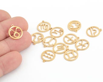 Ciondolo rotondo dello zodiaco placcato in oro 24k, ciondoli astrologici, ciondolo oroscopo per gioielli, ciondoli segno zodiacale per collana, ALT-1423