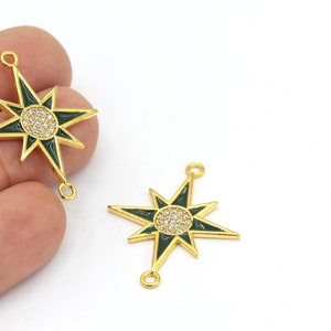 24k Shiny Gold Plated CZ Micro Pave North Star Pendant, Cubic Zirconia Enamel North Star Charms, Two Hole North Star Jewelry, 1Pcs, ZRC-350