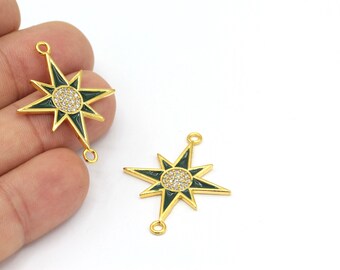 24k Shiny Gold Plated CZ Micro Pave North Star Pendant, Cubic Zirconia Enamel North Star Charms, Two Hole North Star Jewelry, 1Pcs, ZRC-350