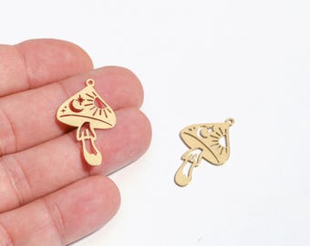 Raw Brass Mushroom Pendant, Mystical Mushroom Charm, Celestial Moon Pendant, Witchy Boho Charm, Earring Charm, DIY Jewelry Making, LZ-1147-1