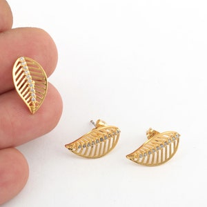 24k Shiny Gold Plated Leaf Earrings, CZ Micro Pave Leaf Earrings, Gold Plated Leaf Stud Earrings, Earring Findings, 1Pair, 11x19mm, KP-370