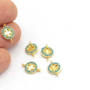 24k Shiny Gold Plated Zircon Two Holes Round Bracelet Charms, CZ Mikro Pave, Cyrstal Stone Round Jewelry, Necklace Pendant, 1Pcs, ZRC-399