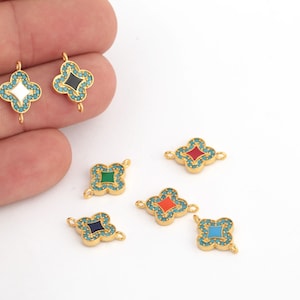 24k Shiny Gold Plated Enamel Clover Charms, Daisy Bracelet Jewelry, 2 Hole Enamel Flower Necklace, CZ Mikro Clover Earrings, 1Pcs, ZRC-498