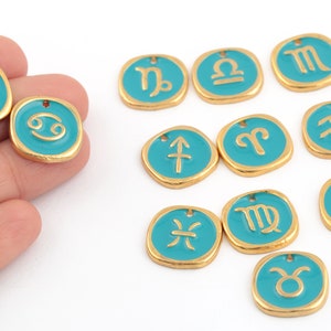 24k Gold Plated Zodiac Pendant, Enamel Zodiac Charms, Astrology Charms, Horoscope Jewelry, Zodiac Sign Medallion, 17mm, 1Pcs, ALT-991