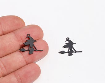 Flying Witch Charm, Witch on Broom Charm, Flying Silhouette for DIY Jewelry, Halloween Jewelry Supply, Black Earring Charm, LZ-1549-5