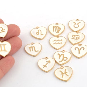 24k Gold Plated Zodiac Pendant, Enamel Heart Zodiac Charms, Astrology Charms, Horoscope Jewelry, Zodiac Sign Medallion, 18mm, 1Pcs, ALT-1007