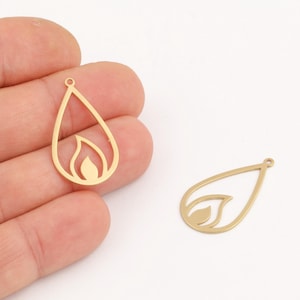 Raw Brass Flame Charm, Laser Cut Fire Pendant, Fire Element Jewelry, Teardrop Fire Charm, Open Frame Flame Charm, DIY Making, LZ-511-1