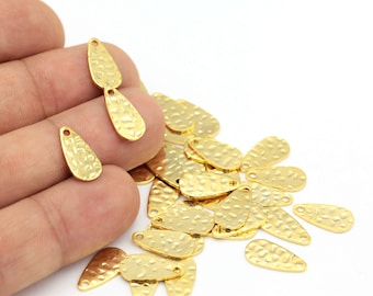 24k oro plateado latón gota encanto, oro chapado latón Hammared encantos con 1 agujero, estampando en blancos, 4pcs, (7x14mm)ALT-350