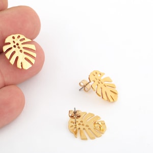 24k Gold Plated Leaf Erring Post, Gold Plated Dangle Leaf Earrings, Earring Findings, Leaf Earrings, Stud Earrings, 16x19mm, 1Pair, KP-48