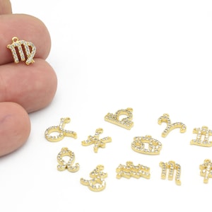24k Gold Plated Cz Zodiac Pendant, Zirconia Zodiac Charms, Astrology Charms, Horoscope Jewelry, Zodiac Sign Earrings, 10mm, 1Pcs, ZRC-564